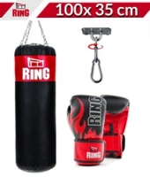 Box-Set für Kinder – Boxsack 100×35 cm Schwarz + Boxhandschuhe FIRE + Deckenhalterung