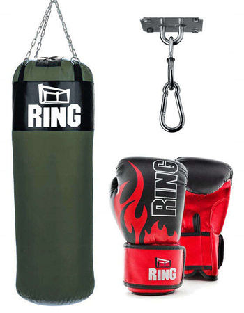 Box-Set für Kinder – Boxsack 100×35 cm Grün + Boxhandschuhe FIRE + Deckenhalterung